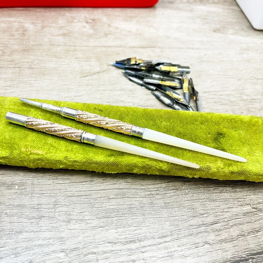 Mabie Todd & Co Sterling Silver Mother of Pearl Dip Pen Set Vintage Nibs Case